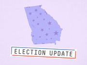 Editorial illustration of the state of Georgia filled with stars on a purple background with an Election Update label in red, white, and blue.