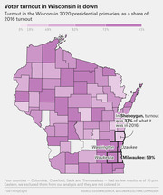 Choropleth map of Wisconsin counties showing 2020 presidential primary voter turnout as a share of 2016 turnout, with Sheboygan at 37% and Milwaukee at 59% highlighted.