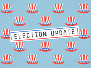 Decorative editorial illustration with repeating Uncle Sam top hats on a blue background and a central banner reading Election Update.