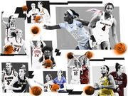 Collage of black-and-white photos of women's college basketball players from teams including UConn, Indiana, Ohio State, North Carolina, South Carolina, NC State, Notre Dame, Stanford, Michigan, and South Dakota.