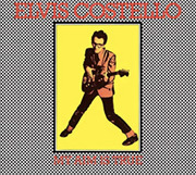 Album cover art for Elvis Costello's My Aim Is True featuring an illustrated figure playing guitar on a yellow background with a checkered border.