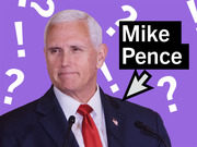 Editorial illustration of Mike Pence on a purple background with question marks, exclamation points, and a label reading Mike Pence with an arrow pointing at him.