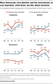Four line charts showing percentages of registered voters who say immigration, abortion, environment, and terrorism are very important to their 2018 vote, split by Republican and Democratic candidate supporters from 2008 to 2018.