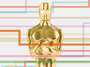 Editorial illustration of a gold Oscar statuette overlaid on a colorful abstract background of horizontal and stepped lines.