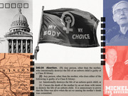 Editorial collage about Wisconsin abortion law featuring a My Body My Choice flag, state capitol, old Wisconsin map, legal statute text, and two political figures.