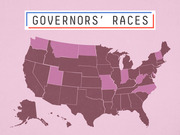 US map titled Governors' Races showing states highlighted in varying shades of pink and dark purple, likely indicating competitive or notable gubernatorial contests.