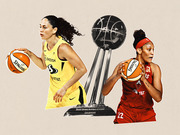 Editorial photo collage of two WNBA players holding Spalding basketballs flanking the Women's National Basketball Association Champions trophy.
