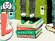 Vintage-style editorial illustration showing a person standing on a stack of books labeled Workplace and Health, with a guitar and other figures nearby.
