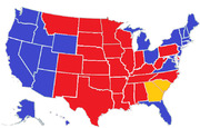 US electoral map showing states colored red, blue, and one state in yellow, likely representing political party affiliations or election results.