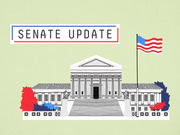 Editorial illustration of a neoclassical government building with an American flag and red, white, and blue trees, labeled Senate Update.