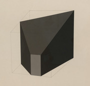 Abstract geometric illustration of a dark angular solid shape inscribed within a wireframe cube outline on a beige background.