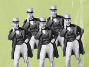 Five repeated grayscale vintage illustrations of a man in a top hat and tailcoat arranged on a green background, suggesting cloning or multiplication.