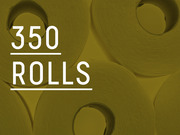 Editorial infographic showing the number 350 rolls overlaid on a photo of toilet paper rolls tinted olive green.