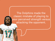 Editorial graphic showing a Miami Dolphins player in jersey number 17 beside a speech bubble quoting a critique of the Dolphins' game strategy.