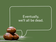 Editorial illustration of stacked NFL footballs on a field with a speech bubble reading 'Eventually, we'll all be dead.'