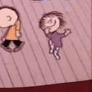 Cartoon illustration showing two animated child characters on a striped background, one in orange and one in purple.