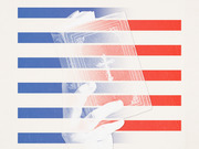 Editorial illustration of a gloved hand holding a fanned deck of playing cards overlaid on red and blue horizontal stripes suggesting an American flag.