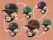 Editorial illustration showing the same baseball player's face repeated six times wearing different MLB and minor league team caps connected by arrows on a grid background.