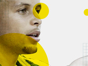 Editorial illustration of a basketball player's face overlaid with yellow geometric circles and grid elements on a light background.