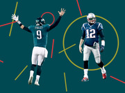 Editorial illustration showing Eagles quarterback Nick Foles (number 9) and Patriots quarterback Tom Brady (number 12) on a teal background with geometric shapes.