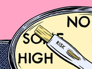 Editorial illustration showing a paintbrush labeled RISK painting over a gauge or dial with labels NO, SOME, and HIGH on a pink background.