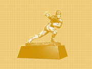 Gold-toned illustration of the Heisman Trophy statue on a yellow grid background, depicting a football player in a stiff-arm running pose.