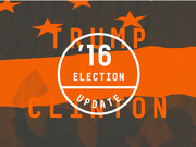 Editorial title card graphic for FiveThirtyEight's 2016 Election Update featuring Trump and Clinton names in orange over a dark crowd background.