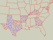 US map of southern and central states with red and blue arrow icons scattered across certain states indicating some directional or partisan data comparison.