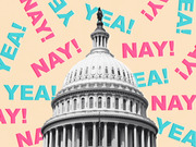 Editorial illustration of the US Capitol dome in black and white surrounded by colorful YEA! and NAY! text on a peach background.