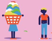 Editorial illustration showing a woman carrying a large overflowing laundry basket while a man stands idle nearby, on a pink background.