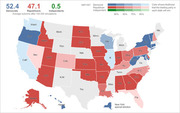 US electoral map showing simulation results with Democrats at 52.4 seats, Republicans 47.1, and Independents 0.5, colored by party likelihood after 100,000 simulations.