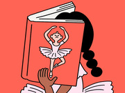 Editorial cartoon of a girl with dark hair holding a book in front of her face, with a ballerina illustrated on the book cover, against a coral background.