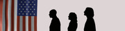 Editorial illustration showing three silhouetted figures in profile next to an American flag on a light background.