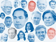 Collage of blue and red tinted headshots of potential 2020 presidential candidates including Bernie Sanders, Joe Biden, Elizabeth Warren, Kamala Harris, and others.