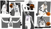 Editorial collage of seven women's college basketball players in grayscale with orange-highlighted basketballs, representing teams including Iowa, LSU, UConn, Tennessee, Villanova, Louisville, and Virginia Tech.