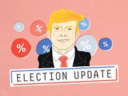Editorial illustration of a caricature of Donald Trump surrounded by red and blue percentage-symbol bubbles with the text Election Update.