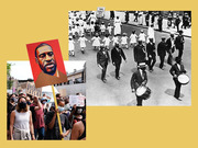 Editorial collage combining a modern Black Lives Matter protest photo with signs for Breonna Taylor and George Floyd alongside a historical black-and-white photo of a civil rights march.