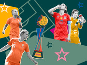 Editorial collage illustration featuring women's soccer players from Netherlands and USA alongside the FIFA Women's World Cup trophy against a teal geometric background.