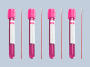 Editorial illustration showing four pink-capped medical test vials with swabs on a light blue background.