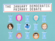 Editorial illustration for the January Democratic Primary Debate showing cartoon portraits of six candidates and a Democratic donkey mascot at debate podiums.