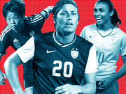 Stylized blue-tinted editorial illustration of three women's soccer players on a red dotted background, featuring jersey numbers 20 and 10.