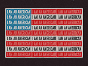 Editorial illustration of an American flag made entirely of repeated I AM AN AMERICAN signs in red, white, and blue stripes.