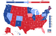 US Electoral College map showing Democrat 278 vs Republican 260 electoral votes, with states colored blue or red and labeled with abbreviations and vote counts.