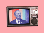 Editorial illustration of a man in a suit displayed on a vintage television set with colorful stripes, set against a pink background.
