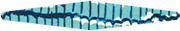 Abstract elongated shape in shades of blue with vertical stripe pattern resembling a stylized fish or leaf form.