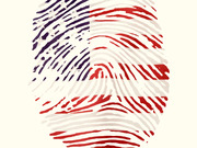 Editorial illustration of a fingerprint overlaid with the colors and stripes of the American flag in red, white, and blue.