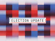 Decorative editorial header graphic with red and blue blurred pixel blocks and the text Election Update in a bordered label.