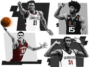 Editorial collage of four college basketball players in jerseys from Connecticut, Miami, Florida Atlantic, and San Diego State.