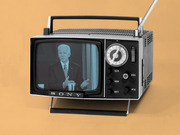 Editorial illustration of a vintage Sony portable TV displaying a blue-tinted image of Joe Biden speaking, set against an orange background.
