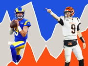 Editorial illustration showing LA Rams quarterback number 9 and Cincinnati Bengals quarterback number 9 against a stylized zigzag background in team colors.
